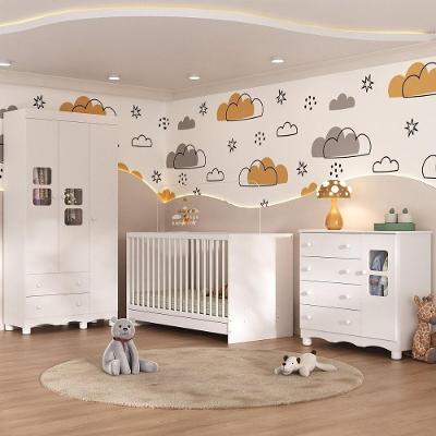 Quarto De Bebê Completo Com Berço 3 Em 1 Para Colchão 130x60cm Luna Multimóveis MP4528 Branco