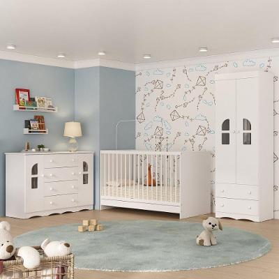 Quarto De Bebê Completo Com Berço 3 Em 1 Para Colchão 130x60cm Liz Multimóveis MP4563 Branco