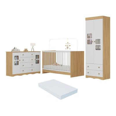 Quarto De Bebê Completo Com Berço 3 Em 1 Com Colchão Incluso Serena Multimóveis MP4547 Madeirado-branco