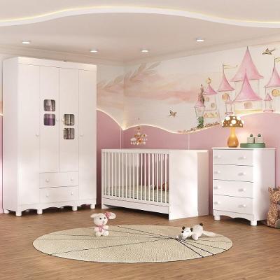 Quarto De Bebê Completo Com Berço 3 Em 1 Para Colchão 130x60cm Luna Multimóveis MP4524 Branco