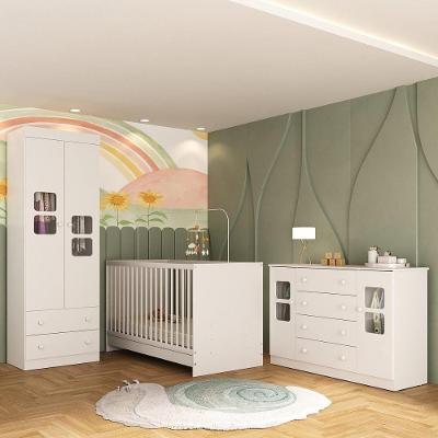 Quarto De Bebê Completo Com Berço 3 Em 1 Para Colchão 130x60cm Brisa Multimóveis MP4529 Branco