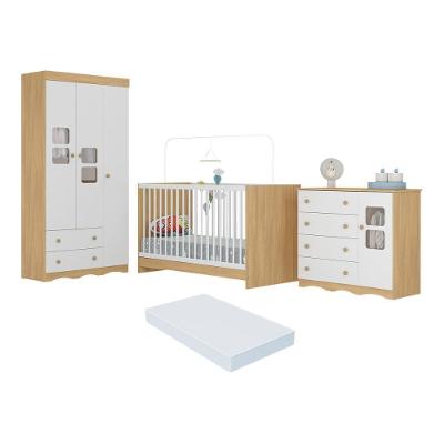 Quarto De Bebê Completo Com Berço 3 Em 1 Com Colchão Incluso Serena Multimóveis MP4543 Madeirado-branco