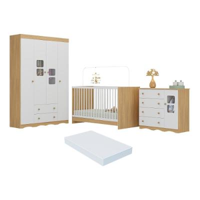 Quarto De Bebê Completo Com Berço 3 Em 1 Com Colchão Incluso Serena Multimóveis MP4535 Madeirado-branco