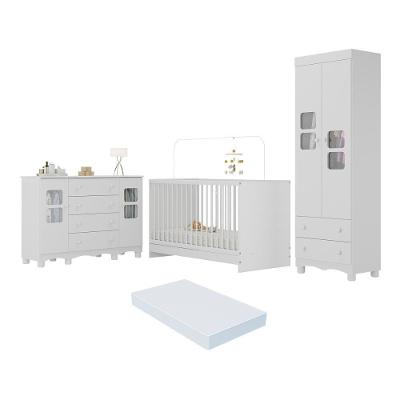 Quarto De Bebê Completo Com Berço 3 Em 1 Com Colchão Incluso Luna Multimóveis MP4548 Branco