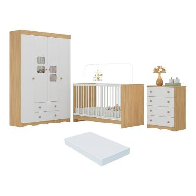 Quarto De Bebê Completo Com Berço 3 Em 1 Com Colchão Incluso Serena Multimóveis MP4539 Madeirado-branco