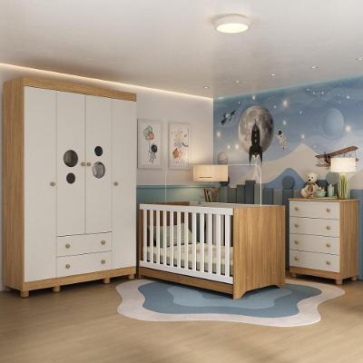Quarto De Bebê Completo Com Berço Americano 3 Em 1 Bombom Multimóveis MP4618 Madeirado-off White