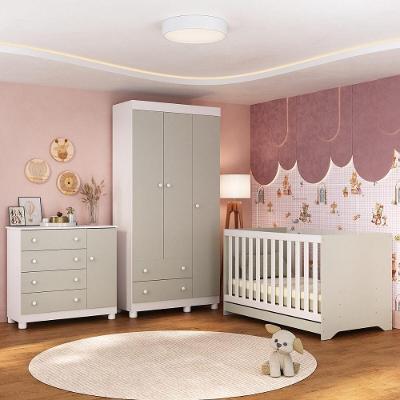 Quarto De Bebê Completo Com Berço Americano 3 Em 1 Allegra Multimóveis MP4590 Branco-off White