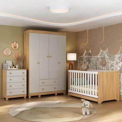 Quarto De Bebê Completo Com Berço Americano 3 Em 1 Allegra Multimóveis MP4586 Madeirado-off White