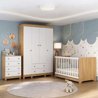 Quarto De Bebê Completo Com Berço Americano 3 Em 1 Allegra Multimóveis MP4586 Madeirado-branco