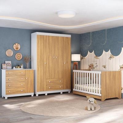 Quarto De Bebê Completo Com Berço Americano 3 Em 1 Allegra Multimóveis MP4582 Branco-madeirado