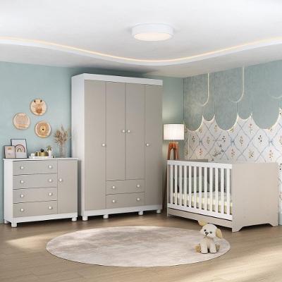 Quarto De Bebê Completo Com Berço Americano 3 Em 1 Allegra Multimóveis MP4582 Branco-off White