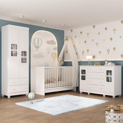 Quarto De Bebê Completo Com Berço 3 Em 1 Para Colchão 130x60cm Sol Multimóveis MP4530 Branco