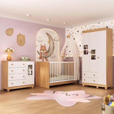 Quarto De Bebê Completo Com Berço 3 Em 1 Para Colchão 130x60cm Sol Multimóveis MP4526 Madeirado-branco
