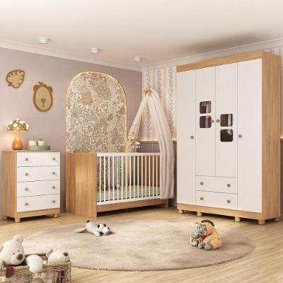 Quarto De Bebê Completo Com Berço 3 Em 1 Para Colchão 130x60cm Sol Multimóveis MP4522 Madeirado-branco