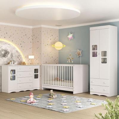 Quarto De Bebê Completo Com Berço 3 Em 1 Para Colchão 130x60cm Serena Multimóveis MP4531 Branco