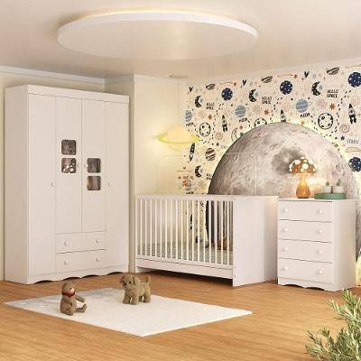 Quarto De Bebê Completo Com Berço 3 Em 1 Para Colchão 130x60cm Serena Multimóveis MP4523 Branco