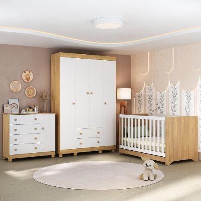 Quarto De Bebê Completo Com Berço Americano 3 Em 1 Allegra Multimóveis MP4582 Madeirado-branco