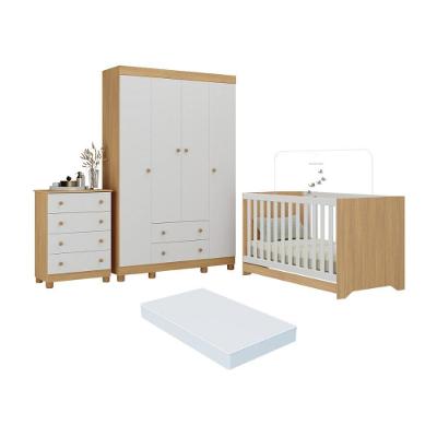Quarto De Bebê Completo Berço Americano 3 Em 1 Colchão Allegra Multimóveis MP4602 Madeirado-branco