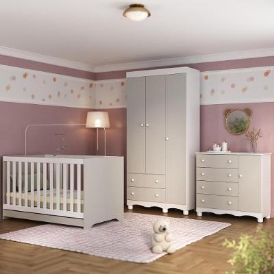 Quarto De Bebê Completo Com Berço Americano 3 Em 1 Dengo Multimóveis MP4592 Branco-off White