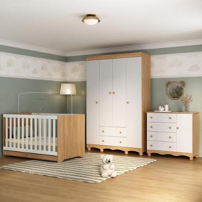 Quarto De Bebê Completo Com Berço Americano 3 Em 1 Dengo Multimóveis MP4584 Madeirado-branco