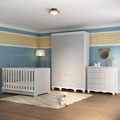 Quarto De Bebê Completo Com Berço Americano 3 Em 1 Dengo Multimóveis MP4584 Branco-off White