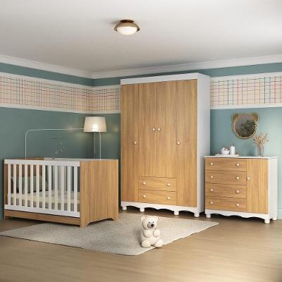Quarto De Bebê Completo Com Berço Americano 3 Em 1 Dengo Multimóveis MP4584 Branco-madeirado