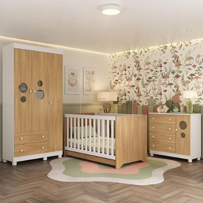 Quarto De Bebê Completo Com Berço Americano 3 Em 1 Bombom Multimóveis MP4622 Branco-madeirado