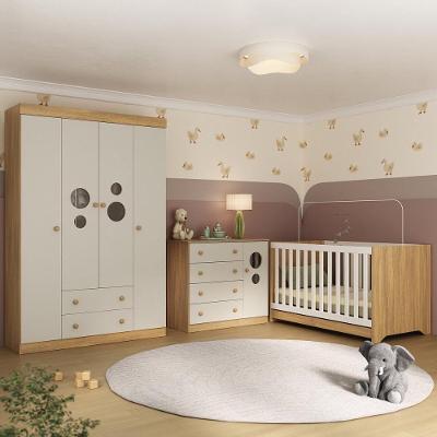 Quarto De Bebê Completo Com Berço Americano 3 Em 1 Pirulito Multimóveis MP4613 Madeirado-off White