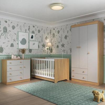 Quarto De Bebê Completo Com Berço Americano 3 Em 1 Encanto Multimóveis MP4589 Madeirado-off White