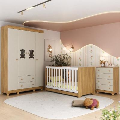 Quarto De Bebê Completo Com Berço Americano 3 Em 1 Fofura Multimóveis MP4649 Madeirado-off White