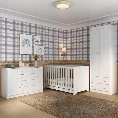 Quarto De Bebê Completo Com Berço Americano 3 Em 1 Encanto Multimóveis MP4593 Branco