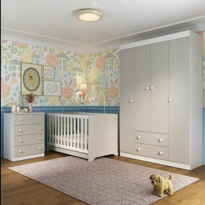 Quarto De Bebê Completo Com Berço Americano 3 Em 1 Encanto Multimóveis MP4585 Branco-off White