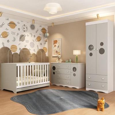 Quarto De Bebê Completo Com Berço Americano 3 Em 1 Sonho Multimóveis MP4627 Branco-off White