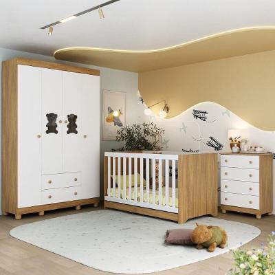 Quarto De Bebê Completo Com Berço Americano 3 Em 1 Fofura Multimóveis MP4649 Madeirado-branco