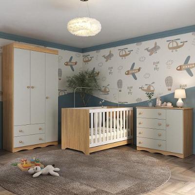 Quarto De Bebê Completo Com Berço Americano 3 Em 1 Realeza Multimóveis MP4591 Madeirado-off White