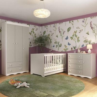 Quarto De Bebê Completo Com Berço Americano 3 Em 1 Realeza Multimóveis MP4591 Branco-off White