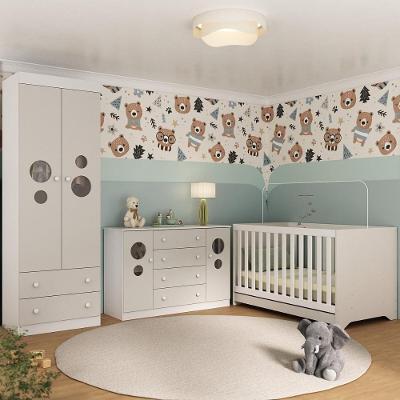 Quarto De Bebê Completo Com Berço Americano 3 Em 1 Pirulito Multimóveis MP4625 Branco-off White