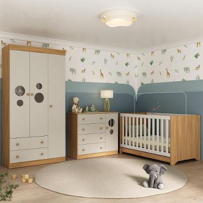 Quarto De Bebê Completo Com Berço Americano 3 Em 1 Pirulito Multimóveis MP4621 Madeirado-off White