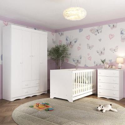 Quarto De Bebê Completo Com Berço Americano 3 Em 1 Realeza Multimóveis MP4587 Branco