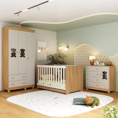 Quarto De Bebê Completo Com Berço Americano 3 Em 1 Fofura Multimóveis MP4653 Madeirado-off White