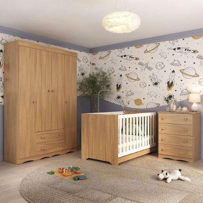 Quarto De Bebê Completo Com Berço Americano 3 Em 1 Realeza Multimóveis MP4587 Madeirado