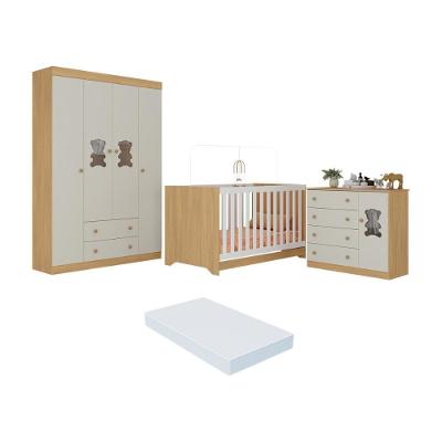 Quarto De Bebê Completo Com Berço Americano 3x1 Colchão Teddy Multimóveis MP4660 Madeirado-off White