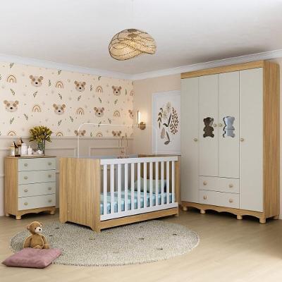 Quarto De Bebê Completo Com Berço Americano 3 Em 1 Ternura Multimóveis MP4651 Madeirado-off White