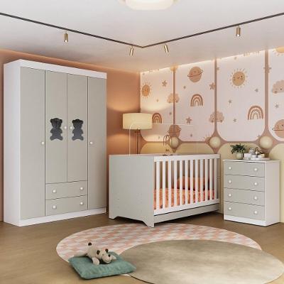 Quarto De Bebê Completo Com Berço Americano 3 Em 1 Teddy Multimóveis MP4648 Branco-off White