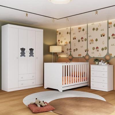 Quarto De Bebê Completo Com Berço Americano 3 Em 1 Teddy Multimóveis MP4648 Branco