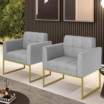 Poltrona Sala Decorativa Kit 2 Elisa Base Industrial Dourada Sintético Cinza D03 - D'rossi