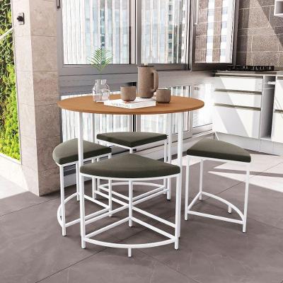 Mesa de Jantar Redonda com 4 Banquetas Estofadas 4 Lugares Tampo MDP Suede Canela Branco
