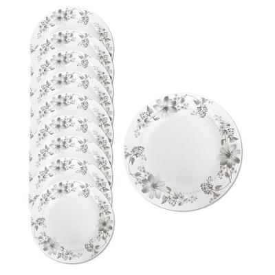 Jogo 10 Prato De Sobremesa Vidro Branco Flores Cinza Flowers Grey 20cm Em Casa Tem