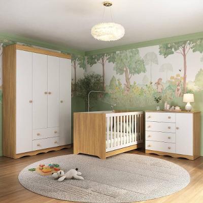 Quarto De Bebê Completo Berço Americano 3 Em 1 Colchão Realeza Multimóveis MP4599 Madeirado/branco