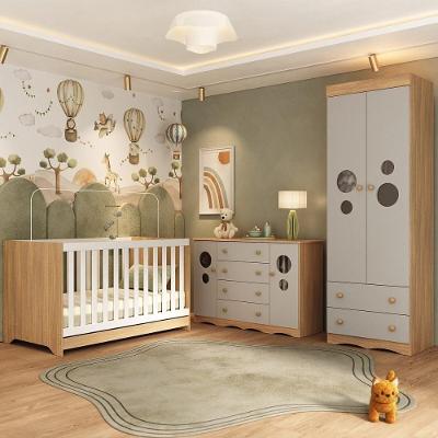 Quarto De Bebê Completo Berço Americano 3 Em 1 Colchão Sonho Multimóveis MP4643 Madeirado/off White